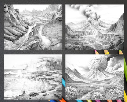 44 Volcanic Landscapes Grayscale Adult Coloring Pages, Printable PDF Instant Download