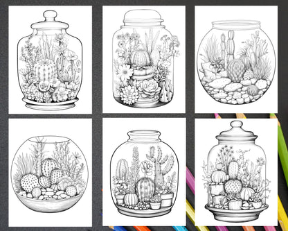 34 Enchanted Terrarium Grayscale Coloring Pages Printable for Adults, PDF File Instant Download