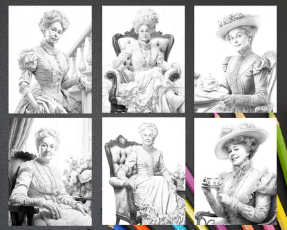 50 Victorian Grandma Grayscale Coloring Pages Printable for Adults, PDF File Instant Download