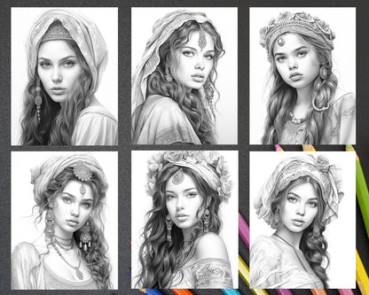 40 Beautiful Gypsy Girls Grayscale Coloring Pages Printable for Adults, PDF File Instant Download