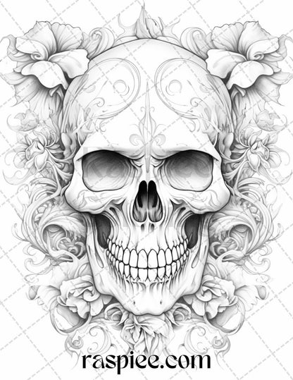 42 Floral Skull Grayscale Coloring Pages for Adults, Stress Relief Coloring Sheets, Printable PDF File Instant Download