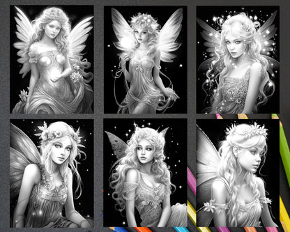 50 Starlight Fairy Grayscale Coloring Pages for Adults, Printable PDF File Instant Download