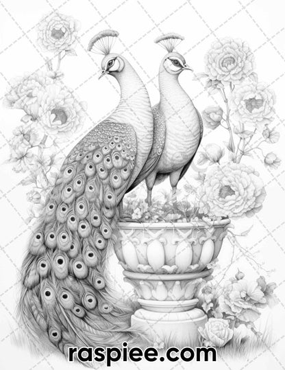 40 Majestic Peacocks Grayscale Adult Coloring Pages, Printable PDF Instant Download