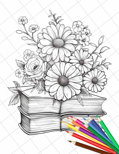 31 Book Flowers Coloring Pages Printable for Adults, Grayscale Coloring Page, PDF File Instant Download