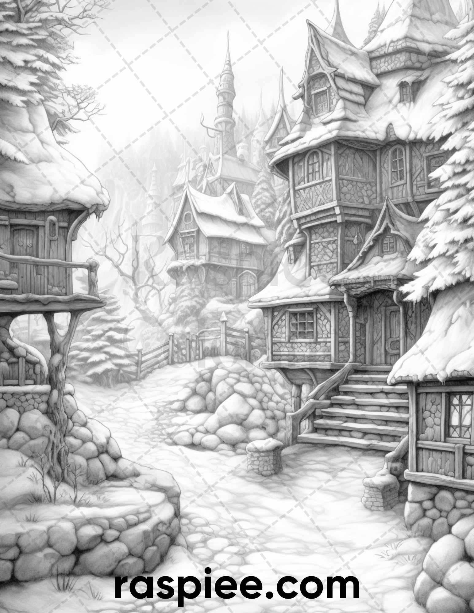 40 Fantasy Winter Village Grayscale Coloring Pages for Adults, PDF File Instant Download