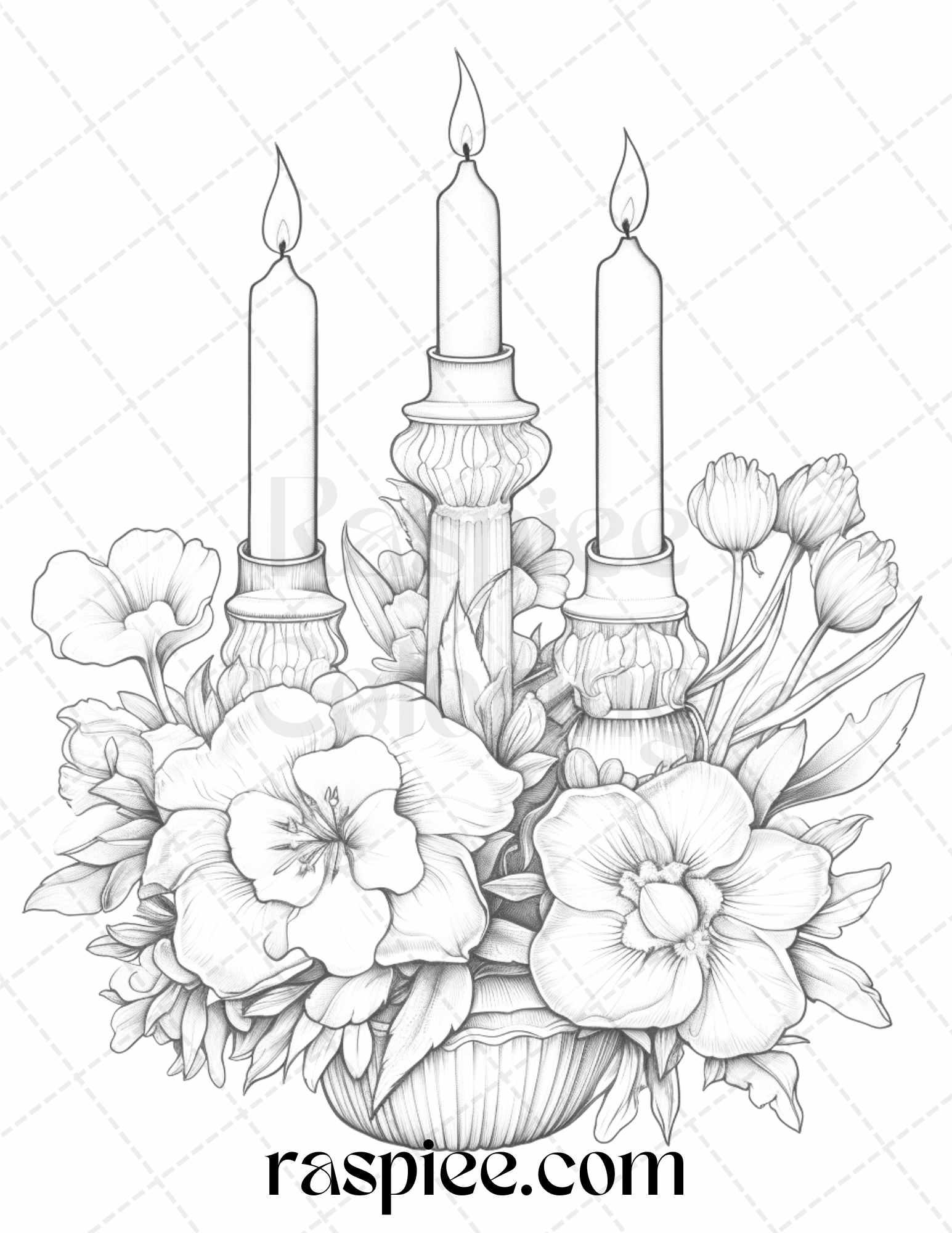 40 Flower Candles Grayscale Coloring Pages Printable for Adults, PDF File Instant Download