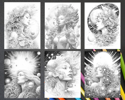 40 Galaxy Queen Sci-Fi & Fantasy Grayscale Coloring Pages for Adults, Printable PDF Instant Download