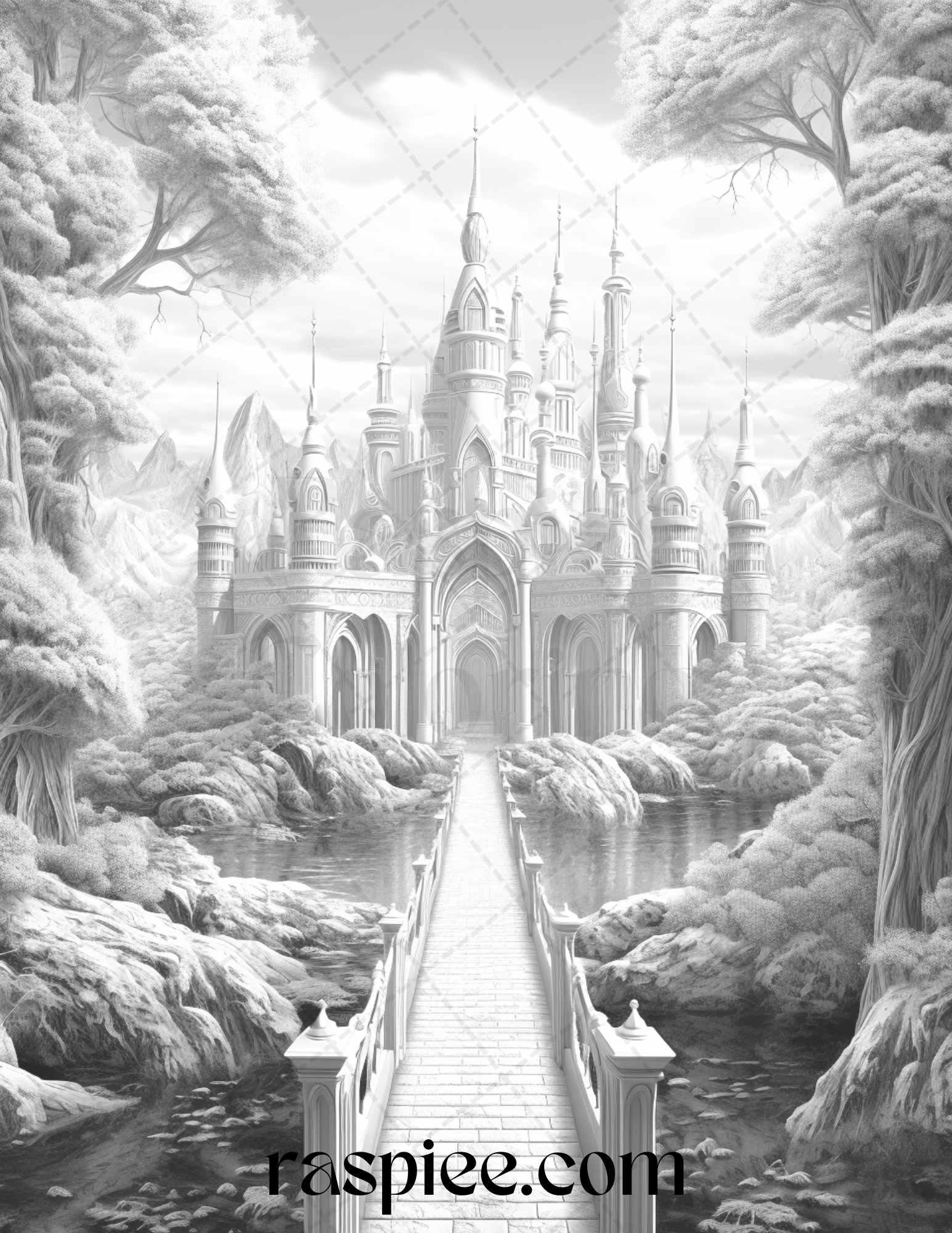 40 Fantasy Landscapes Grayscale Coloring Pages Printable for Adults, PDF File Instant Download