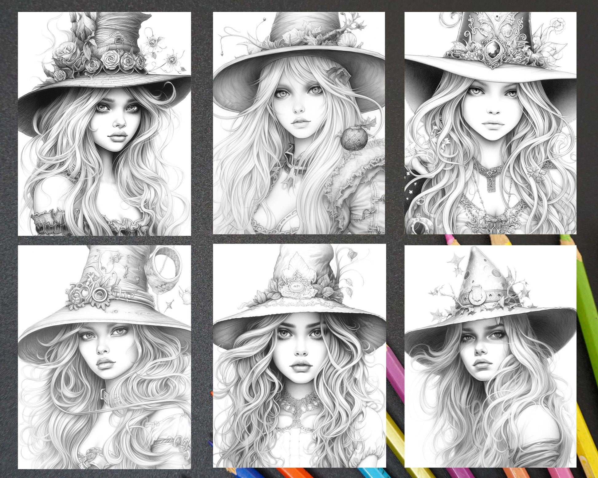 40 Beautiful Witches Grayscale Coloring Pages Printable for Adults, PDF File Instant Download