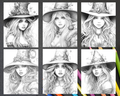 40 Beautiful Witches Grayscale Coloring Pages Printable for Adults, PDF File Instant Download