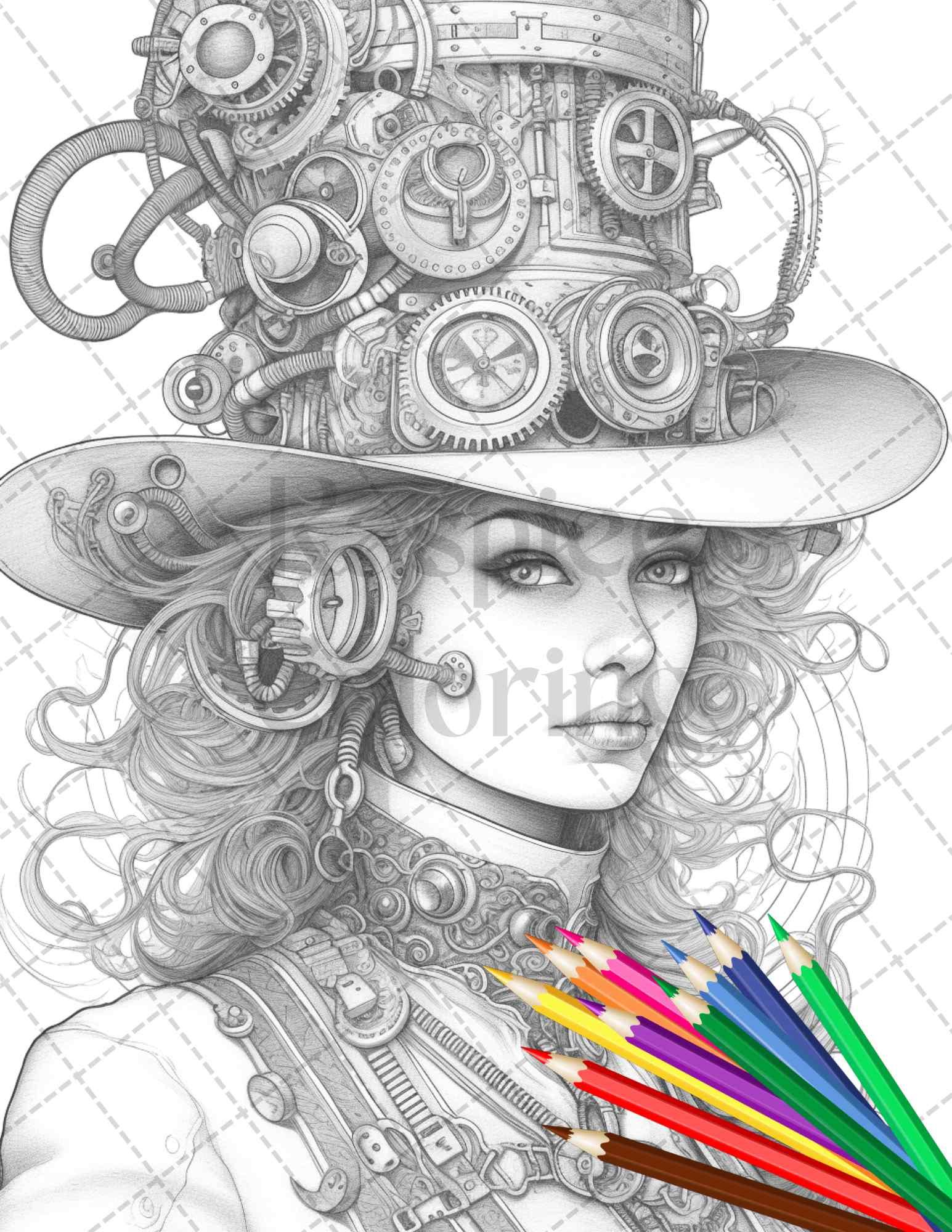 40 Steampunk Ladies Grayscale Coloring Pages Printable for Adults, PDF File Instant Download