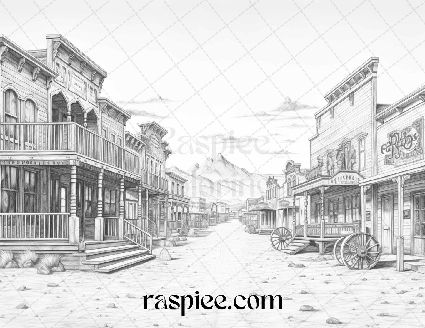 40 Wild West Towns Grayscale Coloring Pages Printable for Adults, PDF File Instant Download