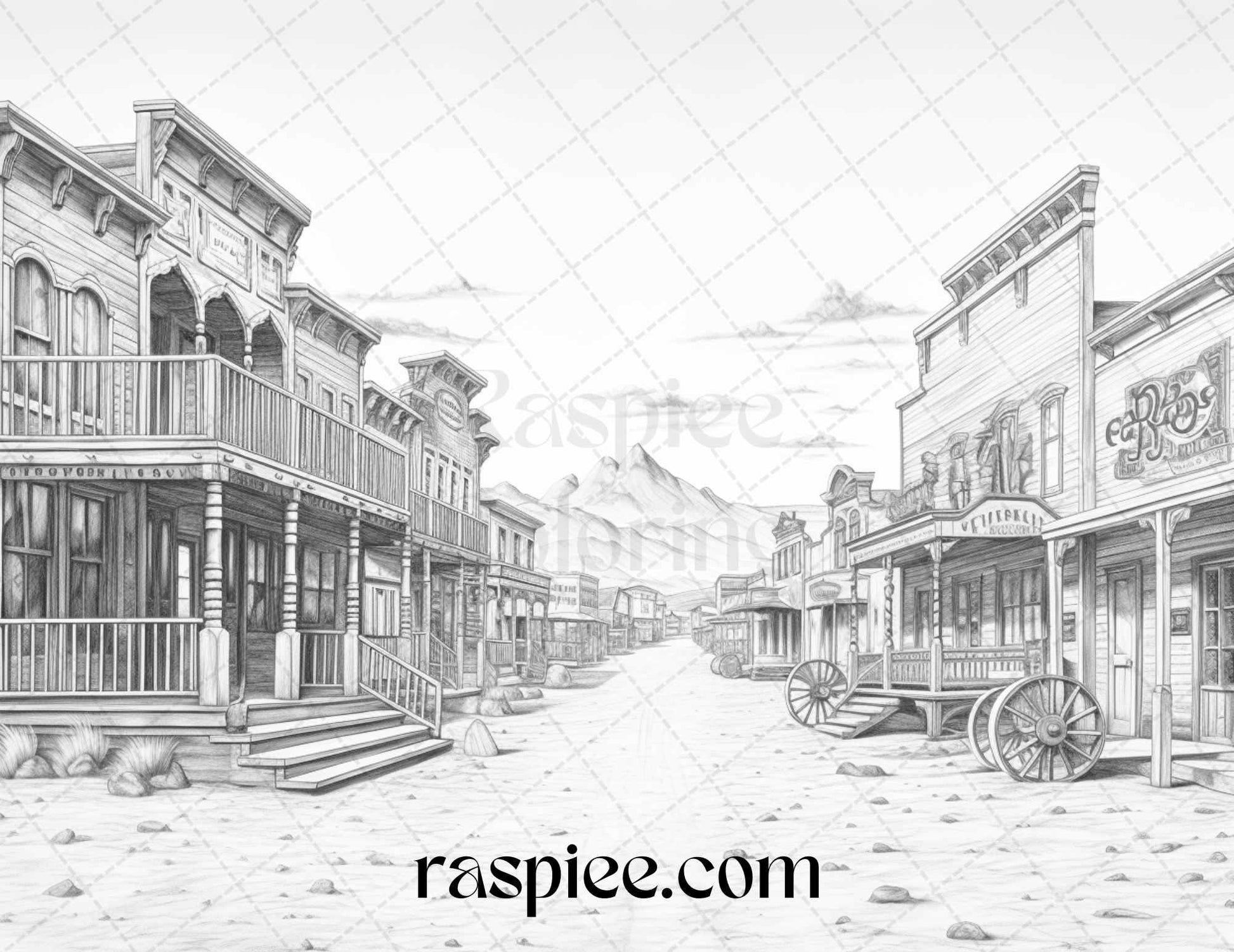 40 Wild West Towns Grayscale Coloring Pages Printable for Adults, PDF File Instant Download