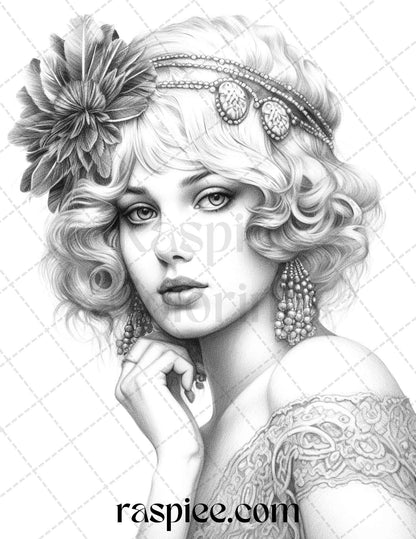 40 Beautiful Gatsby Girls Grayscale Coloring Pages Printable for Adults, PDF File Instant Download