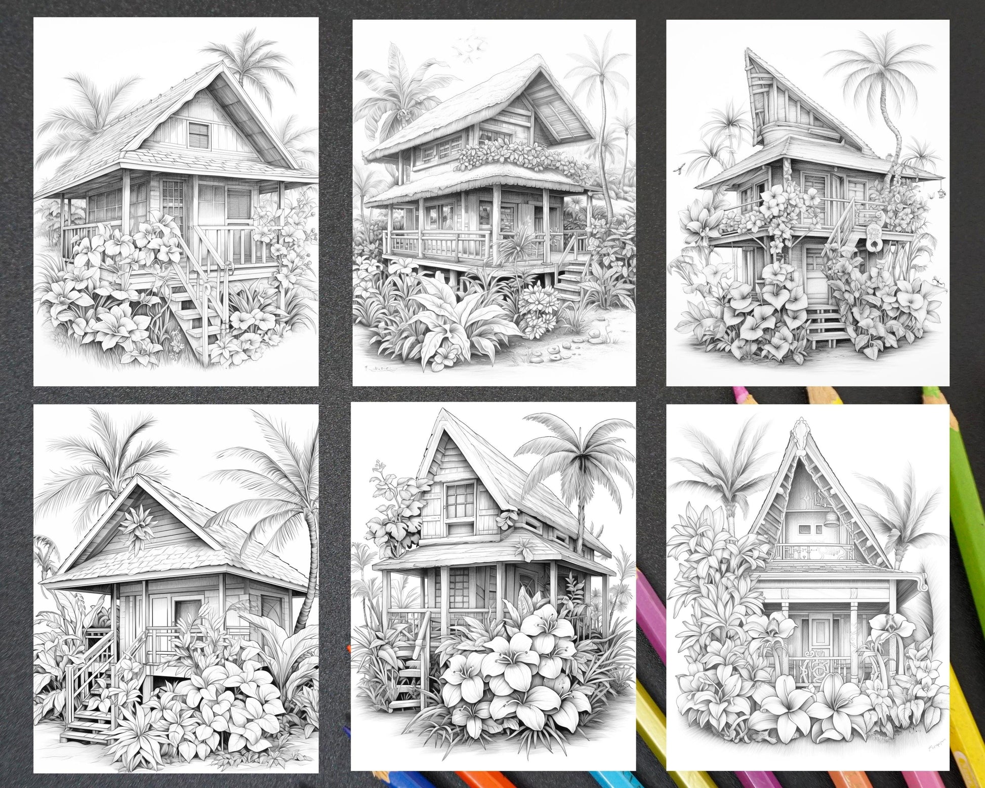 40 Hawaii Tiki Houses Grayscale Coloring Pages Printable for Adults, PDF File Instant Download