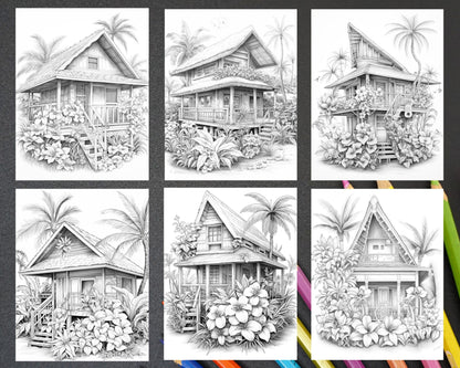 40 Hawaii Tiki Houses Grayscale Coloring Pages Printable for Adults, PDF File Instant Download