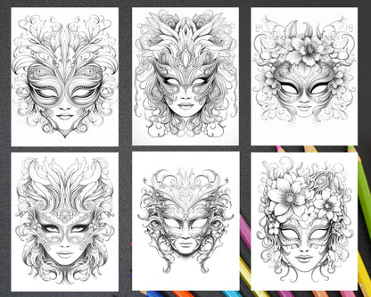 40 Masquerade Masks Grayscale Coloring Pages Printable for Adults, PDF File Instant Download