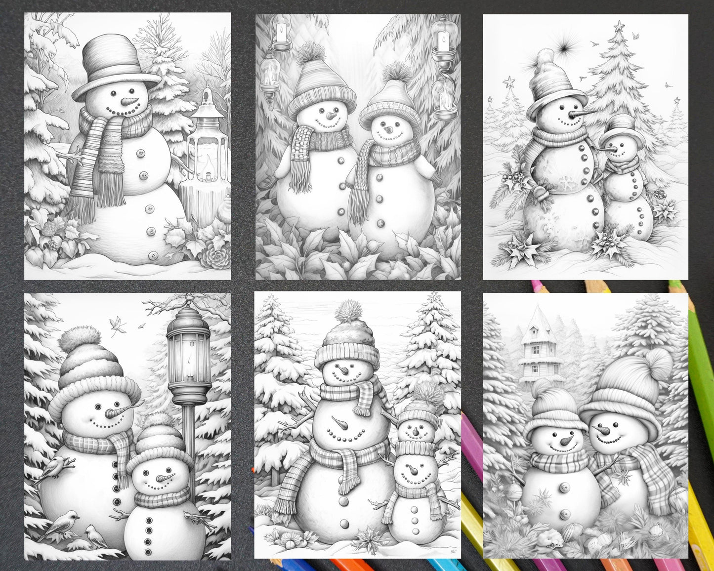 40 Chistmas Snowman Grayscale Coloring Pages for Adults, Printable PDF Instant Download