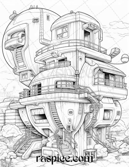 43 Futuristic Houses Grayscale Coloring Pages Printable for Adults, PDF File Instant Download