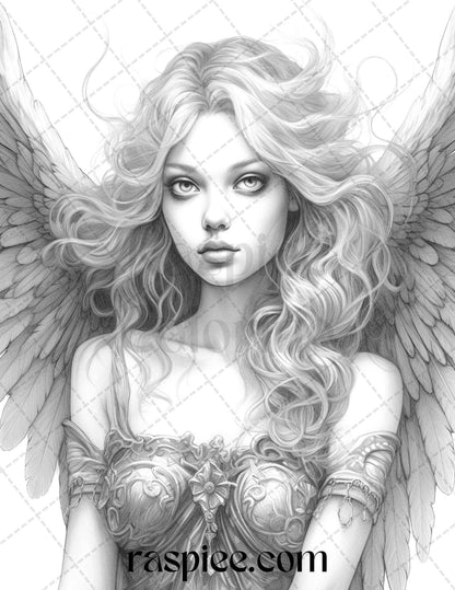 42 Enchanting Angels Grayscale Coloring Pages Printable for Adults, PDF File Instant Download