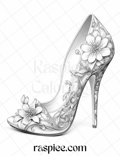 40 Flower Wedding Shoes Grayscale Coloring Pages Printable for Adults, PDF File Instant Download