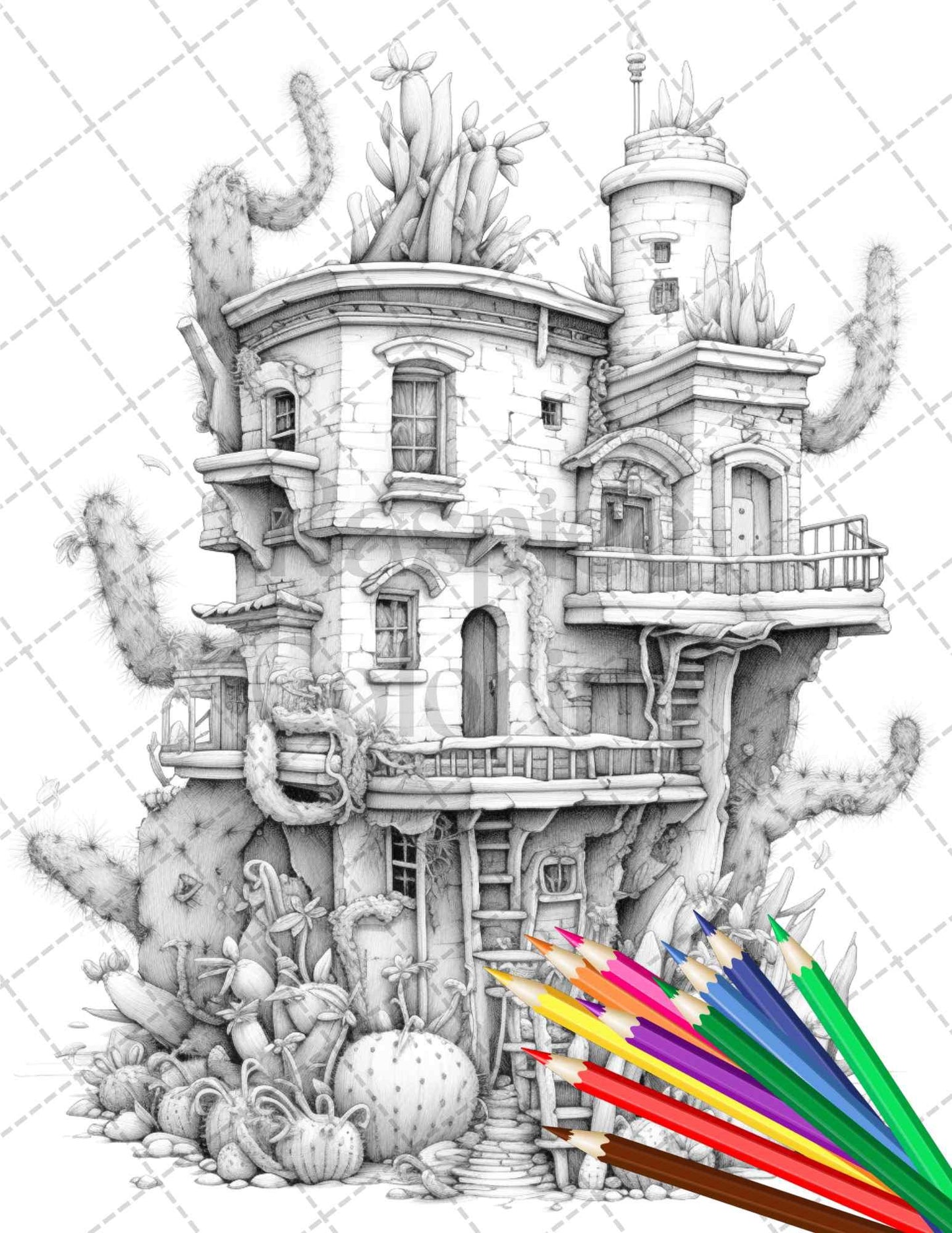 46 Fantasy Cactus Houses Grayscale Coloring Pages Printable for Adults, PDF File Instant Download