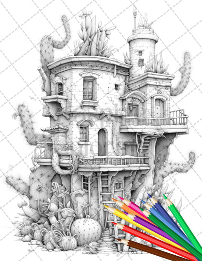 46 Fantasy Cactus Houses Grayscale Coloring Pages Printable for Adults, PDF File Instant Download