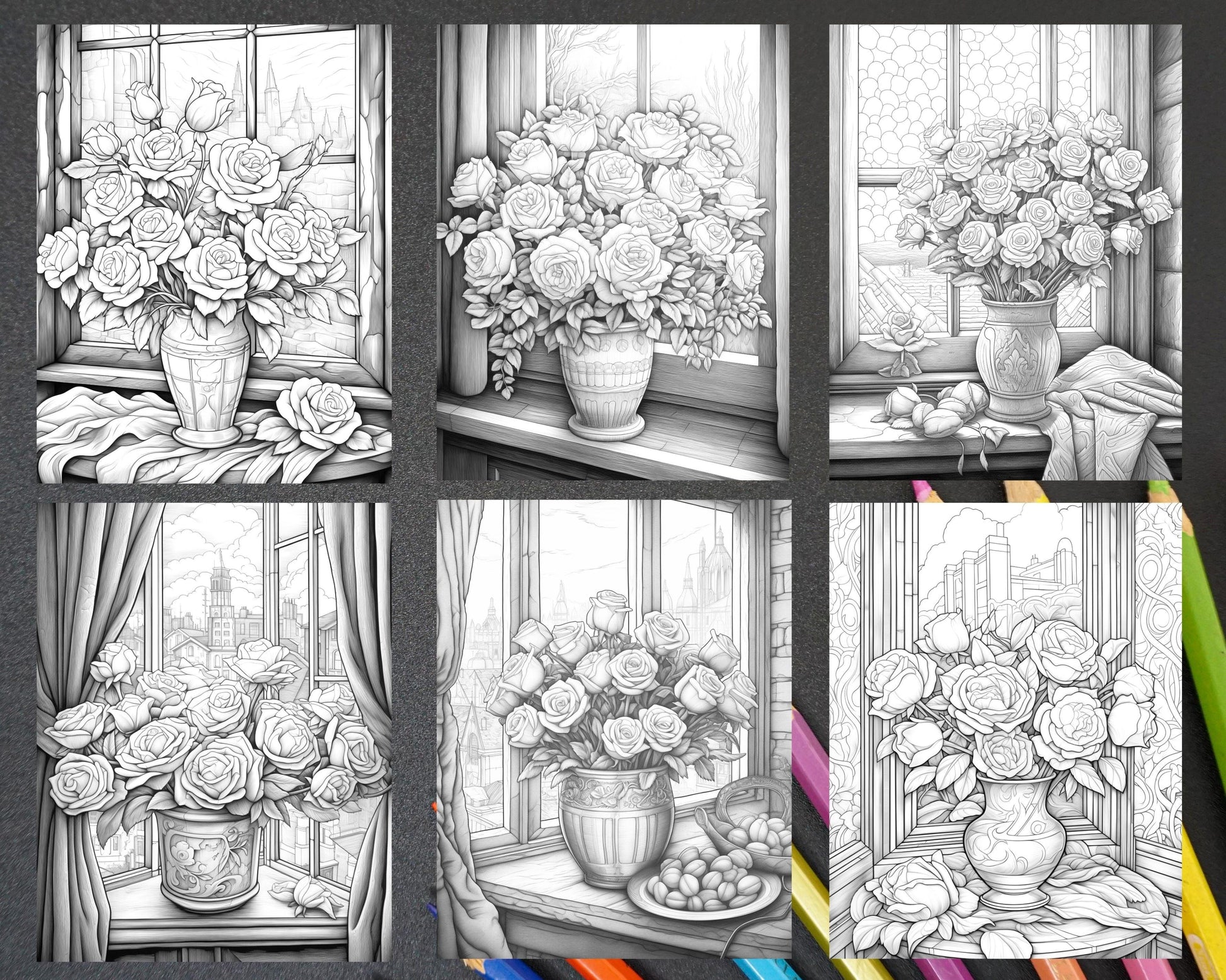 40 Captivating Roses Grayscale Coloring Pages Printable for Adults, PDF File Instant Download