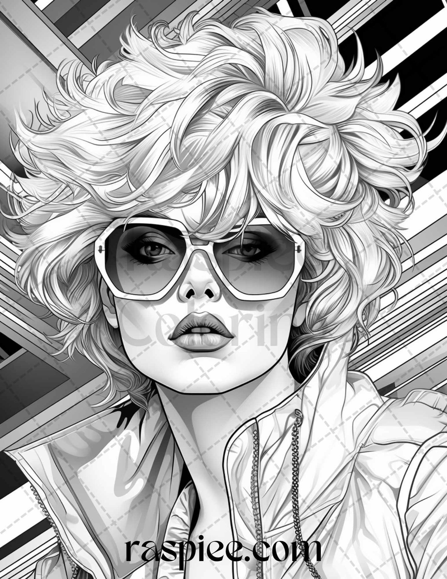 1980s New Wave Pop Star Grayscale Coloring Pages Printable for Adults, PDF File Instant Download