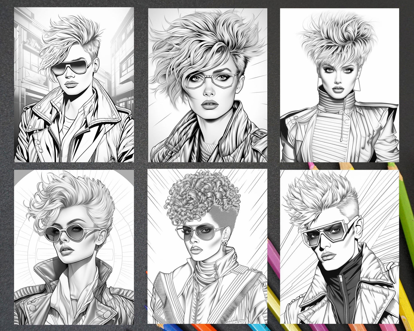 1980s New Wave Pop Star Grayscale Coloring Pages Printable for Adults, PDF File Instant Download