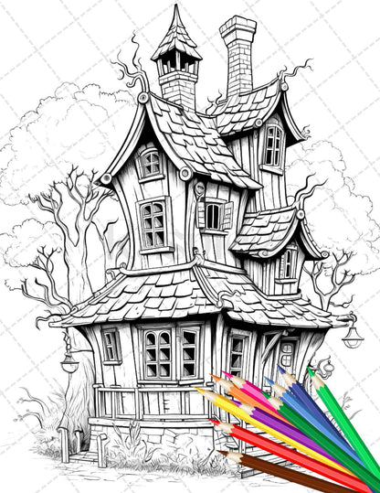 32 Spooky Houses Coloring Pages Printable for Adults, Grayscale Coloring Page, PDF File Instant Download