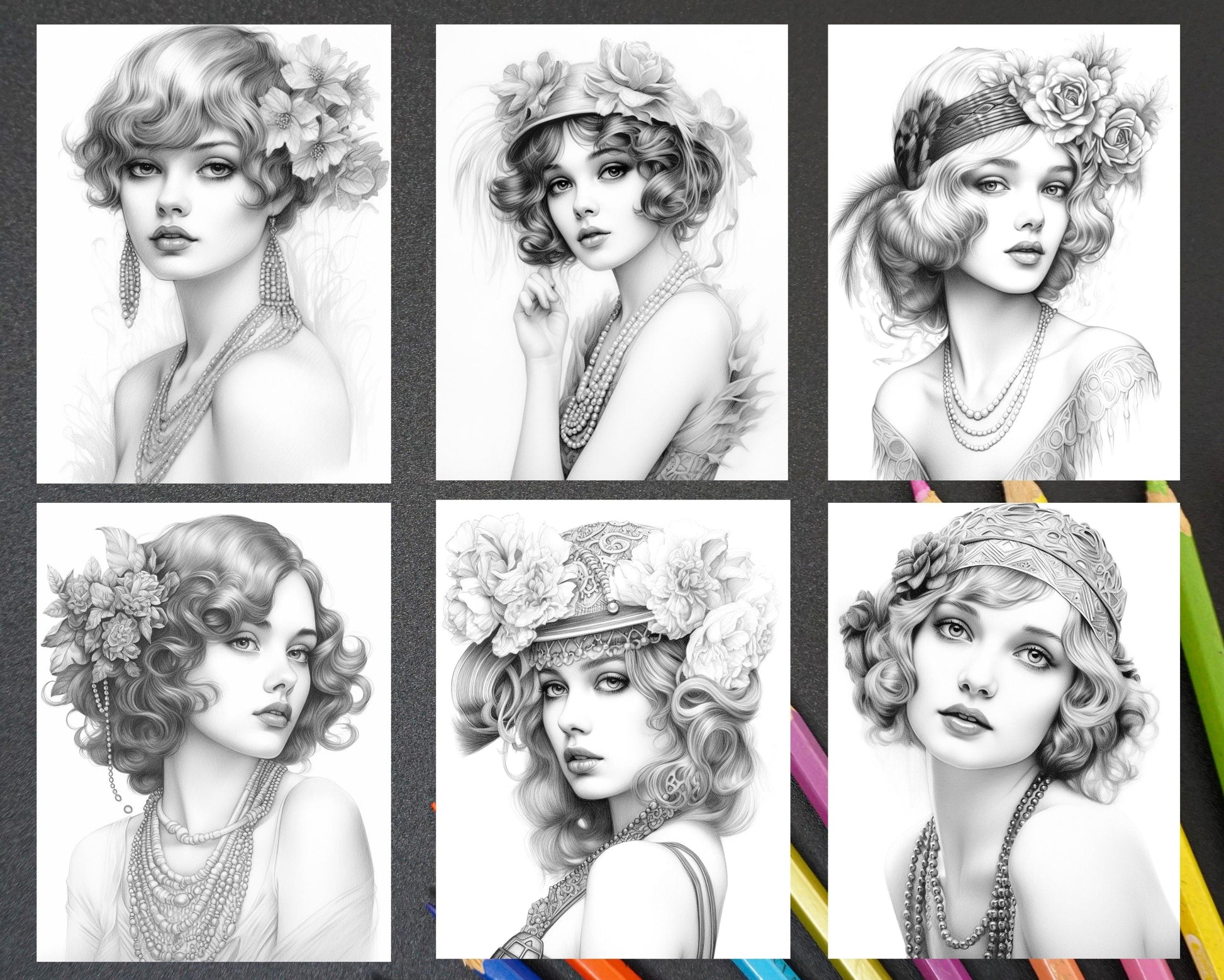 40 Beautiful Gatsby Girls Grayscale Coloring Pages Printable for Adults, PDF File Instant Download