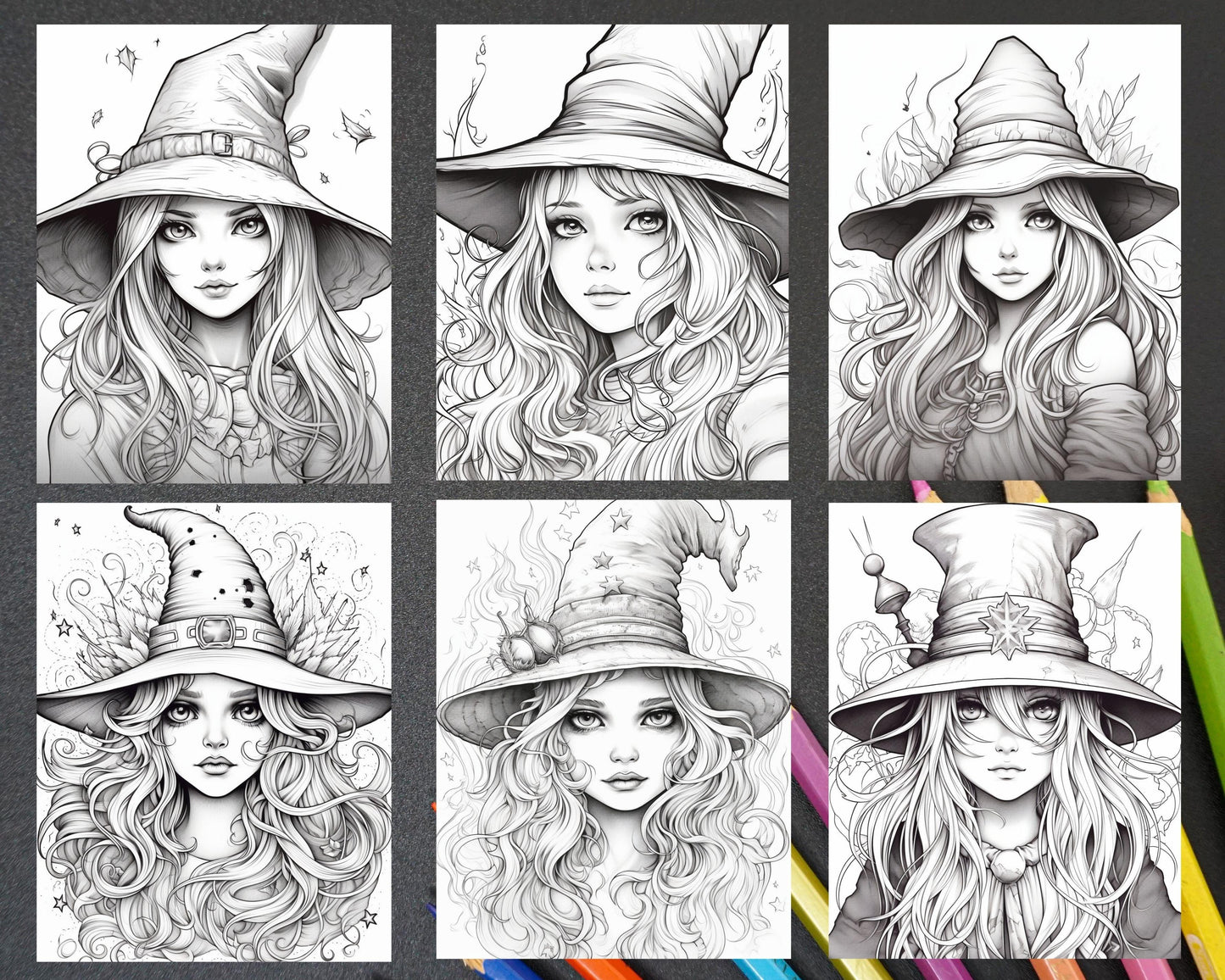 40 Cute Witches Coloring Pages Printable for Adults, Grayscale Coloring Page, PDF File Instant Download