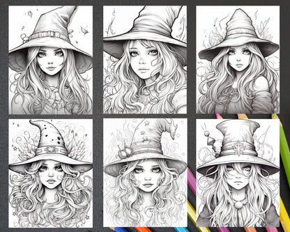 40 Cute Witches Coloring Pages Printable for Adults, Grayscale Coloring Page, PDF File Instant Download