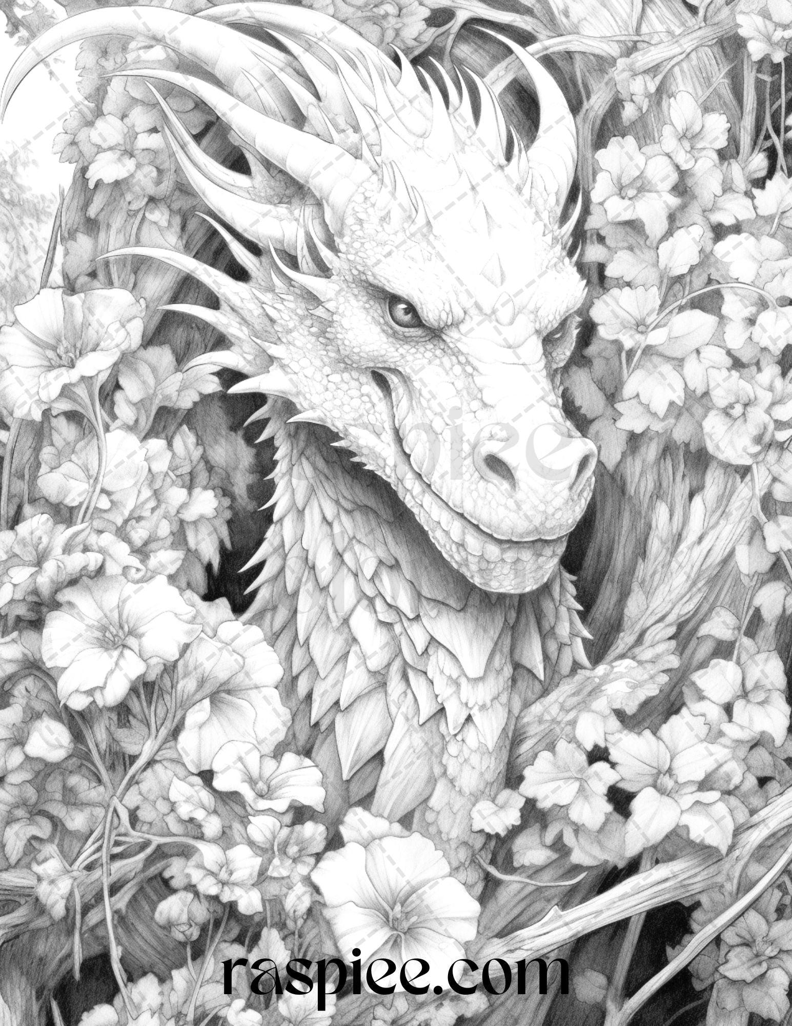 40 Flower Dragon Grayscale Coloring Pages Printable for Adults, PDF File Instant Download