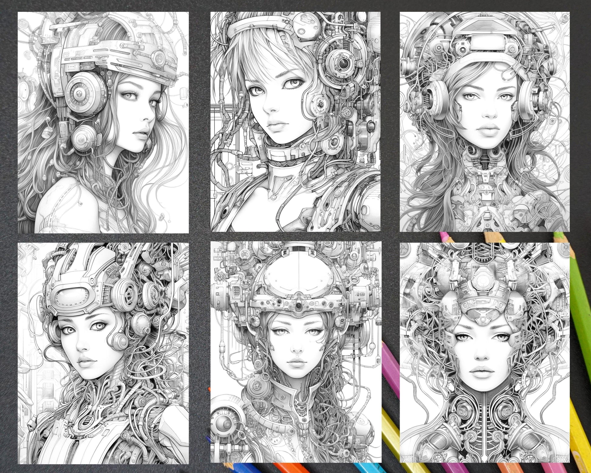 40 Beautiful Cyborg Girls Grayscale Coloring Pages Printable for Adults, PDF File Instant Download