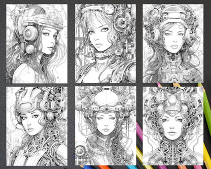 40 Beautiful Cyborg Girls Grayscale Coloring Pages Printable for Adults, PDF File Instant Download