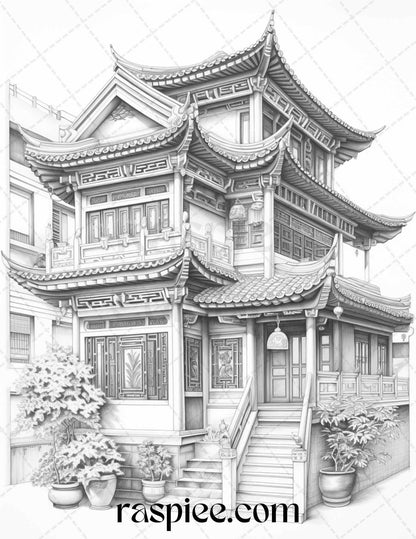 40 Traditional Chinese Houses Grayscale Coloring Pages Printable for Adults, PDF File Instant Download