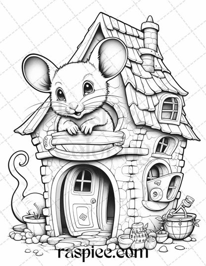 40 Magical Mouse Houses Grayscale Coloring Pages Printable for Adults, PDF File Instant Download