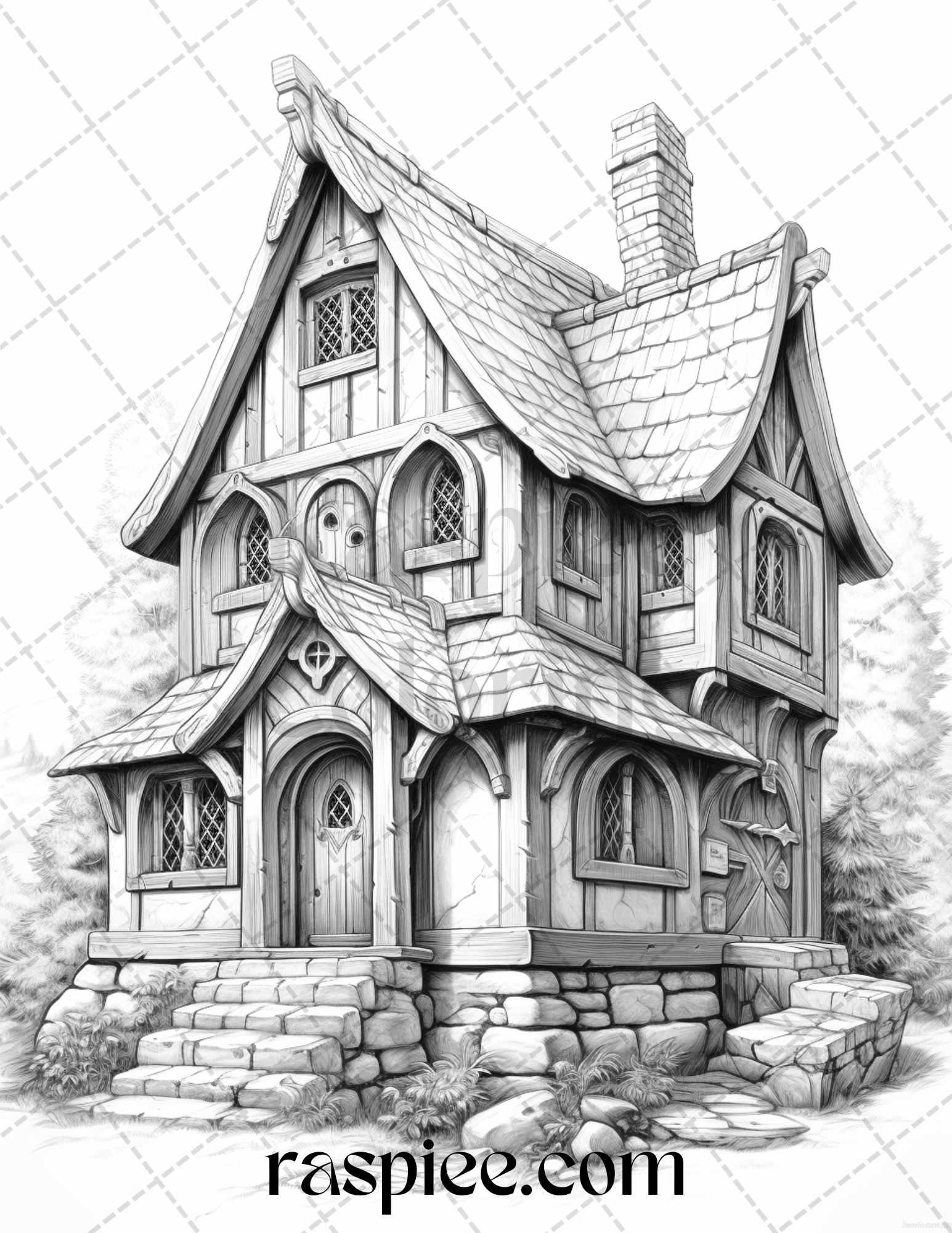 40 Viking Houses Grayscale Coloring Pages Printable for Adults, PDF File Instant Download