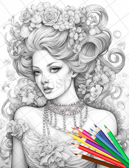 43 Beautiful Victorian Women Grayscale Coloring Pages Printable for Adults, PDF File Instant Download