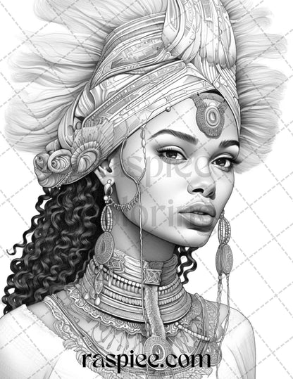 40 Beautiful African Women Grayscale Coloring Pages Printable for Adults, PDF File Instant Download