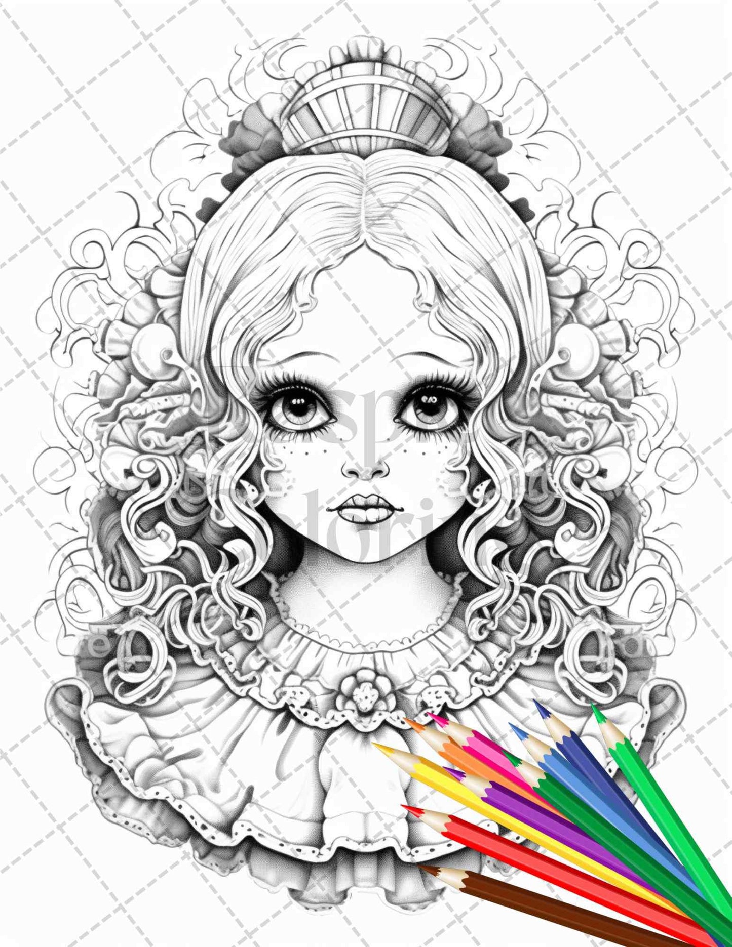 40 Creepy Porcelain Dolls Grayscale Coloring Pages for Adults, PDF File Instant Download