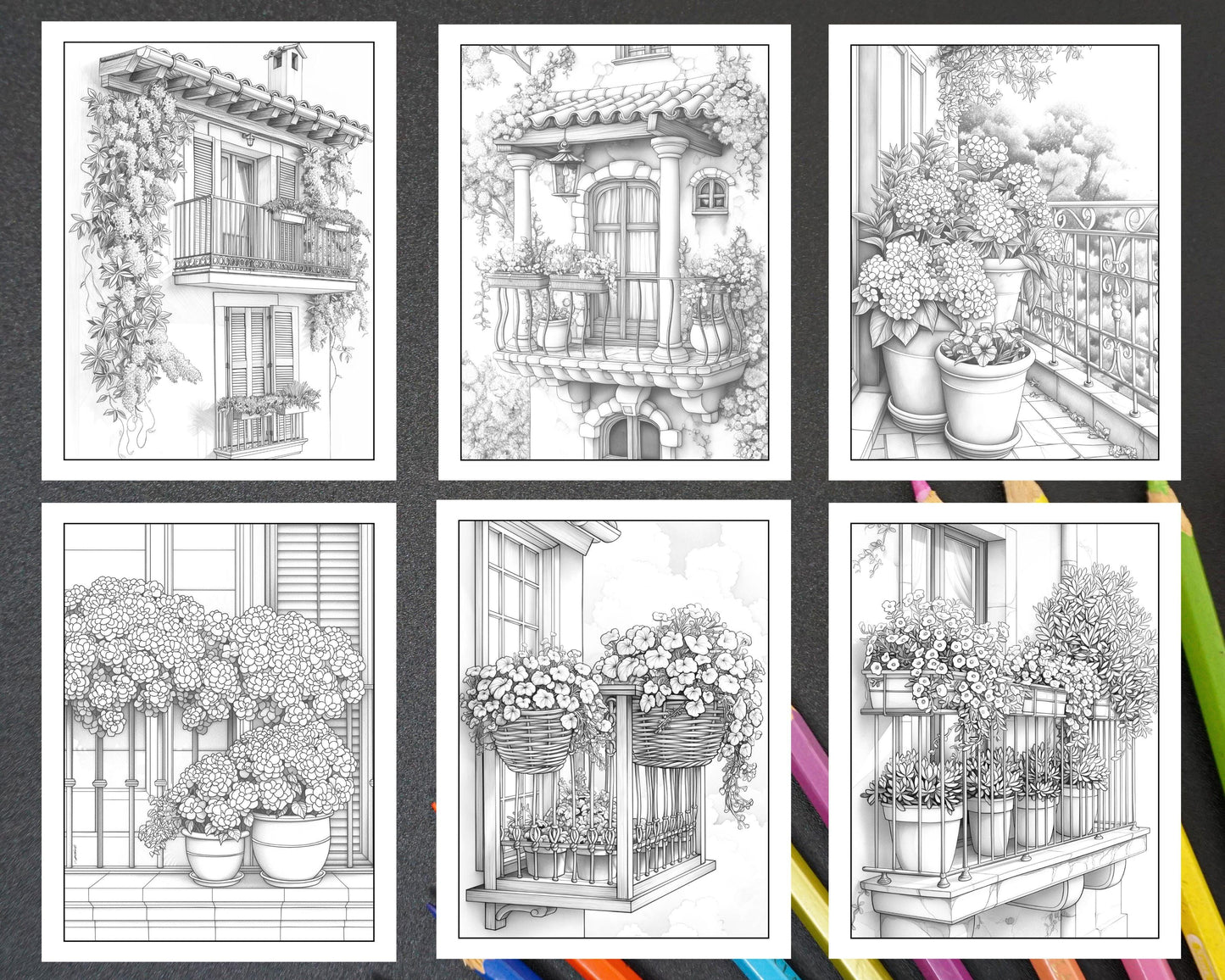 50 Balcony Garden Adult Coloring Pages Printable PDF Instant Download