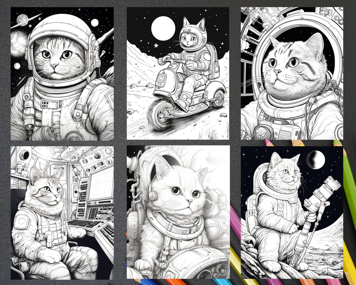 40 Cat Astronaut Grayscale Coloring Pages Printable for Adults Kids, PDF File Instant Download