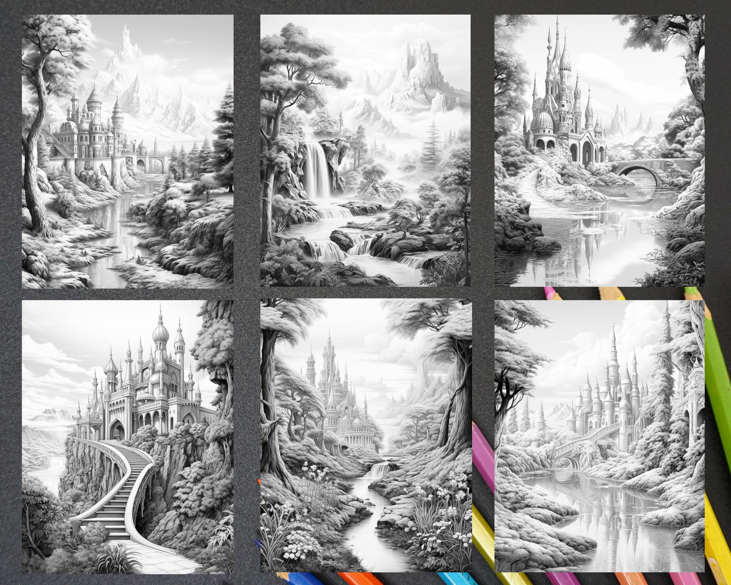 40 Fantasy Landscapes Grayscale Coloring Pages Printable for Adults, PDF File Instant Download