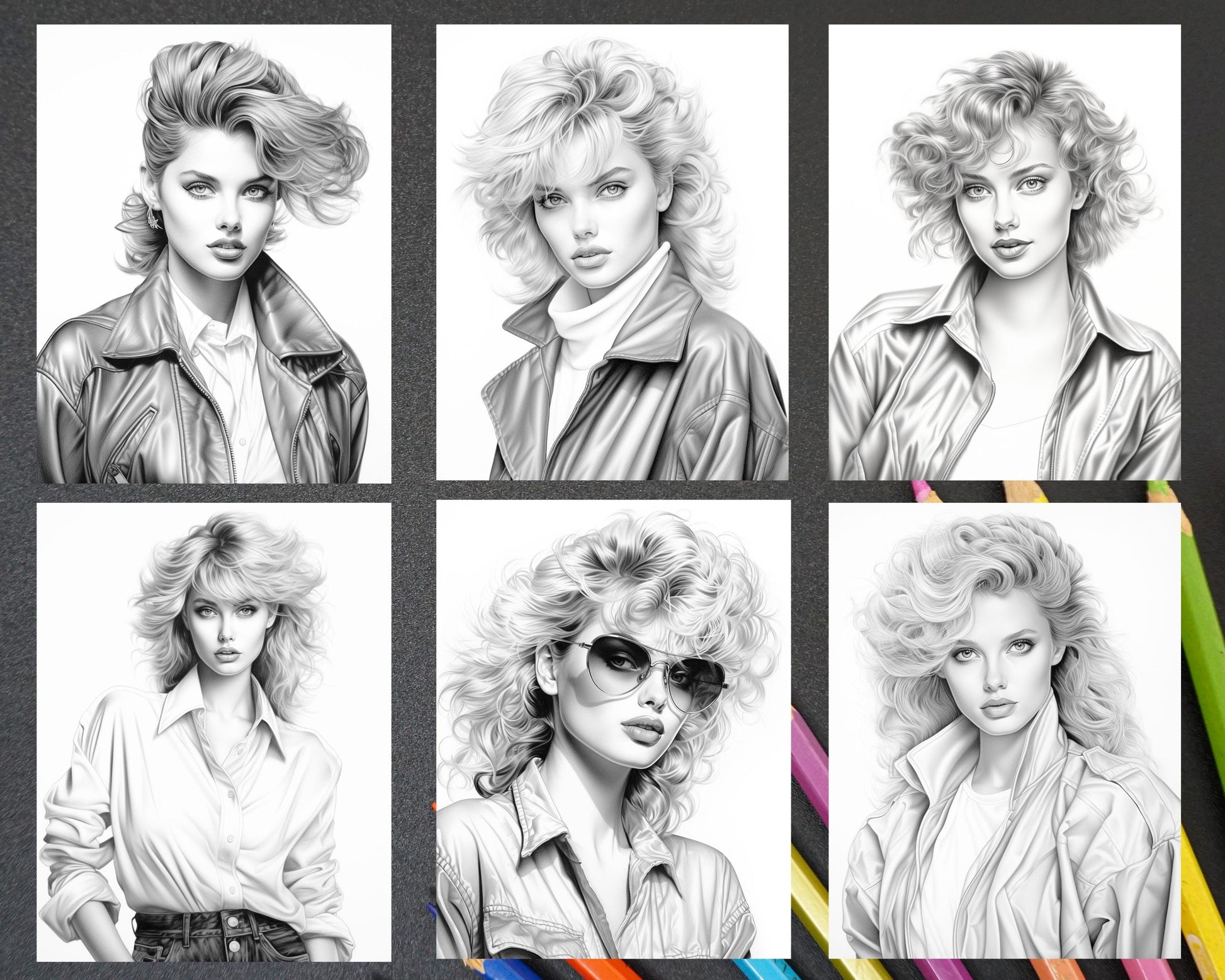 1980s Retro Beautiful Women Grayscale Coloring Pages for Adults, PDF File Instant Download