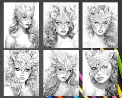 40 Masquerade Girls Grayscale Coloring Pages Printable for Adults, PDF File Instant Download