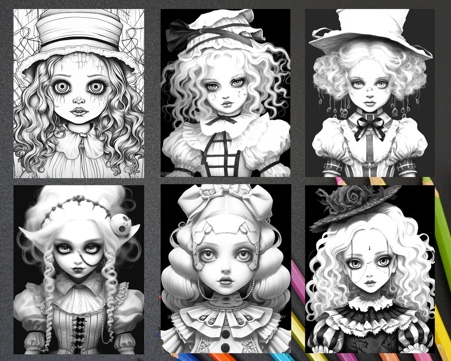 40 Creepy Porcelain Dolls Grayscale Coloring Pages for Adults, PDF File Instant Download