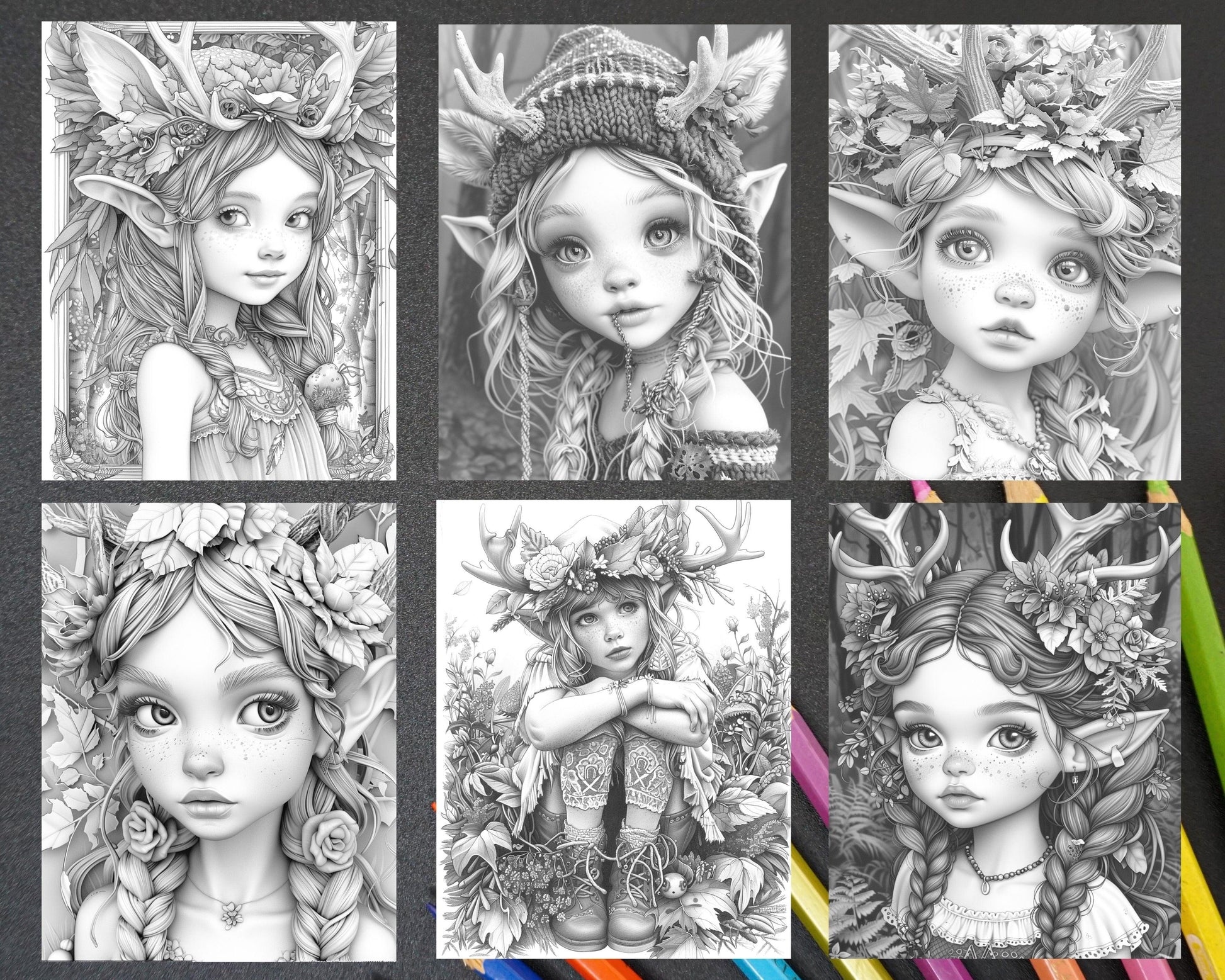 62 Magical Fairy Antler Grayscale Adult Coloring Pages, Printable PDF Instant Download